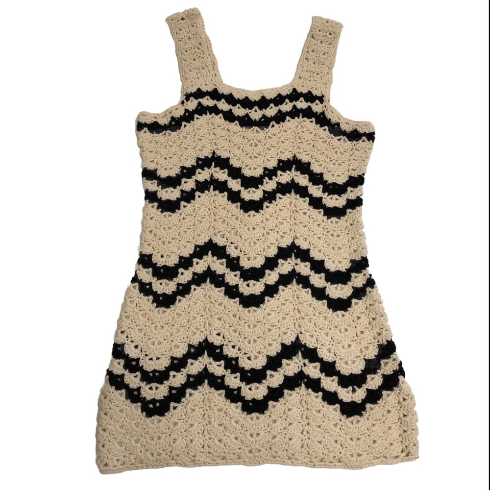 VICI Crochet Zigzag Pattern mini Dress medium black cream vacation swim beach - Picture 2 of 10